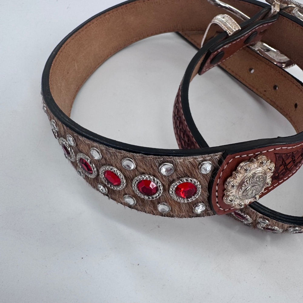 Western Rhinestone Belt Brown Leather Red Crystal Embellished Rodeo Boho Sz 32 - Picture 2 of 12
